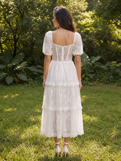Elegant Short Sleeve Sweetheart Neckline Lace Tea-Length Wedding Dress with Tiered Skirt