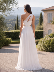 Elegant One-Shoulder Pleated Chiffon A-Line Wedding Dress with High-Low Hem and Sweep Train