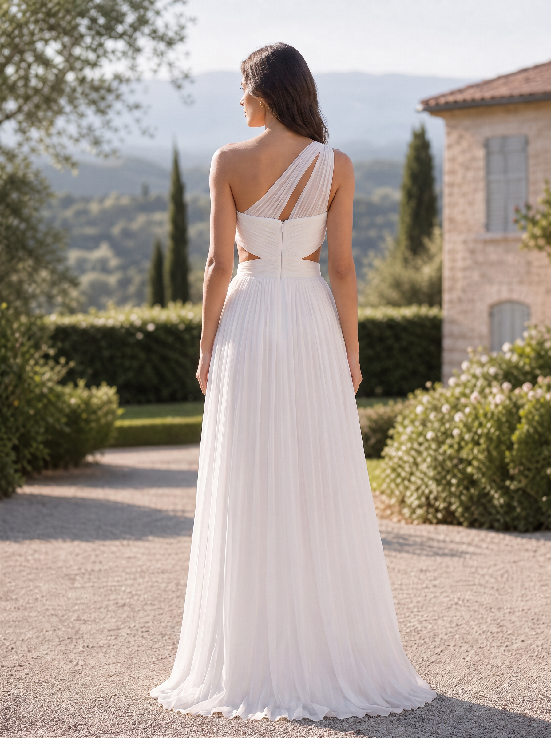 Elegant One-Shoulder Pleated Chiffon A-Line Wedding Dress with High-Low Hem and Sweep Train