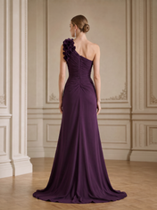Dark Purple One-Shoulder Rosette Split Sheath Floor-Length Gown Dress