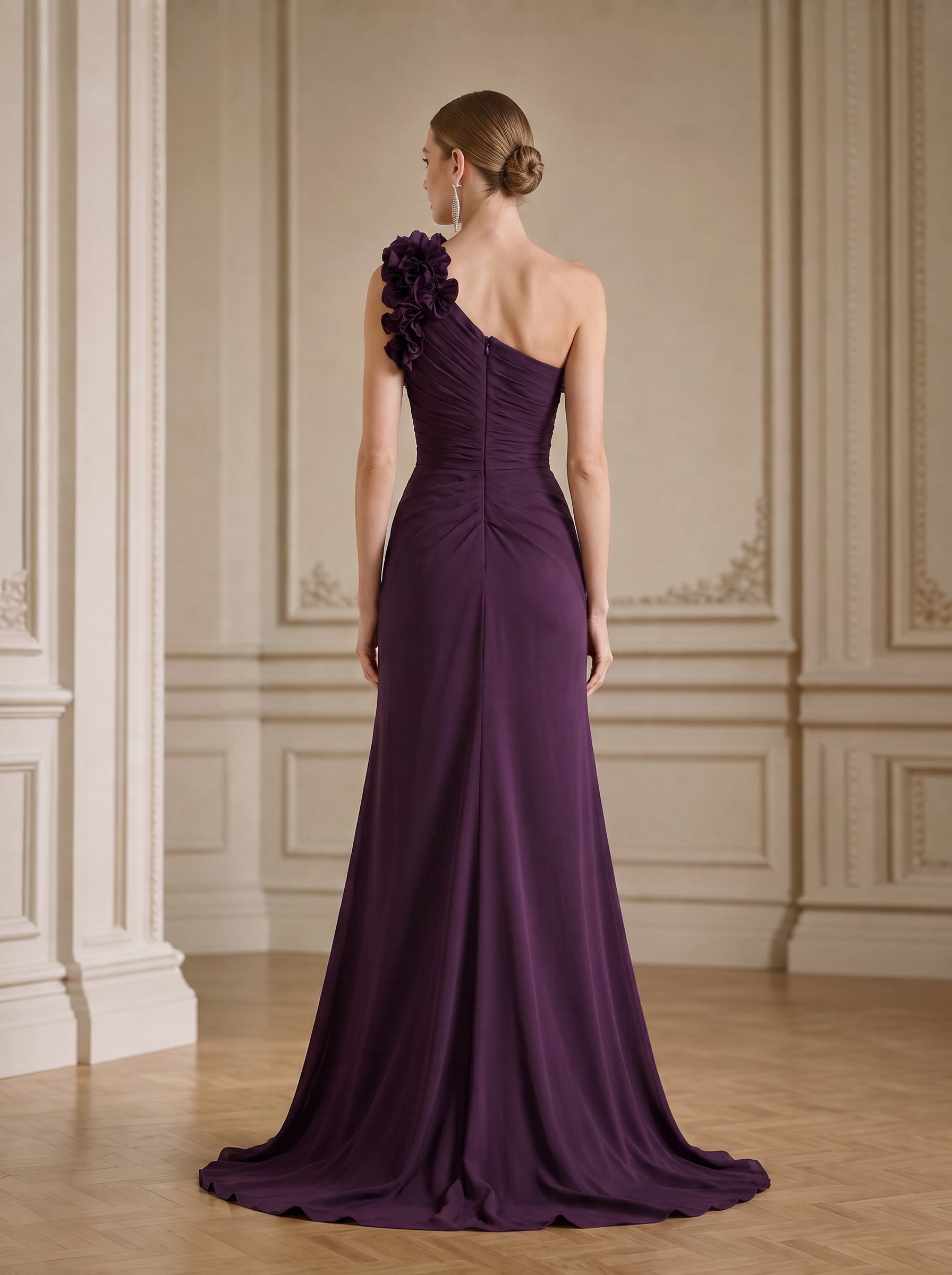 Dark Purple One-Shoulder Rosette Split Sheath Floor-Length Gown Dress