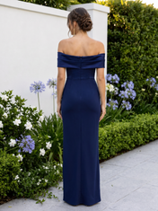 Navy Blue Off-The-Shoulder Ruched Satin Floor-Length Gown Dress