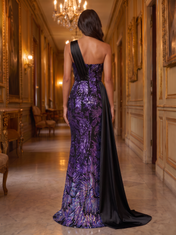Purple Sequin Satin One-Shoulder Mermaid Floor-length Gown Dress