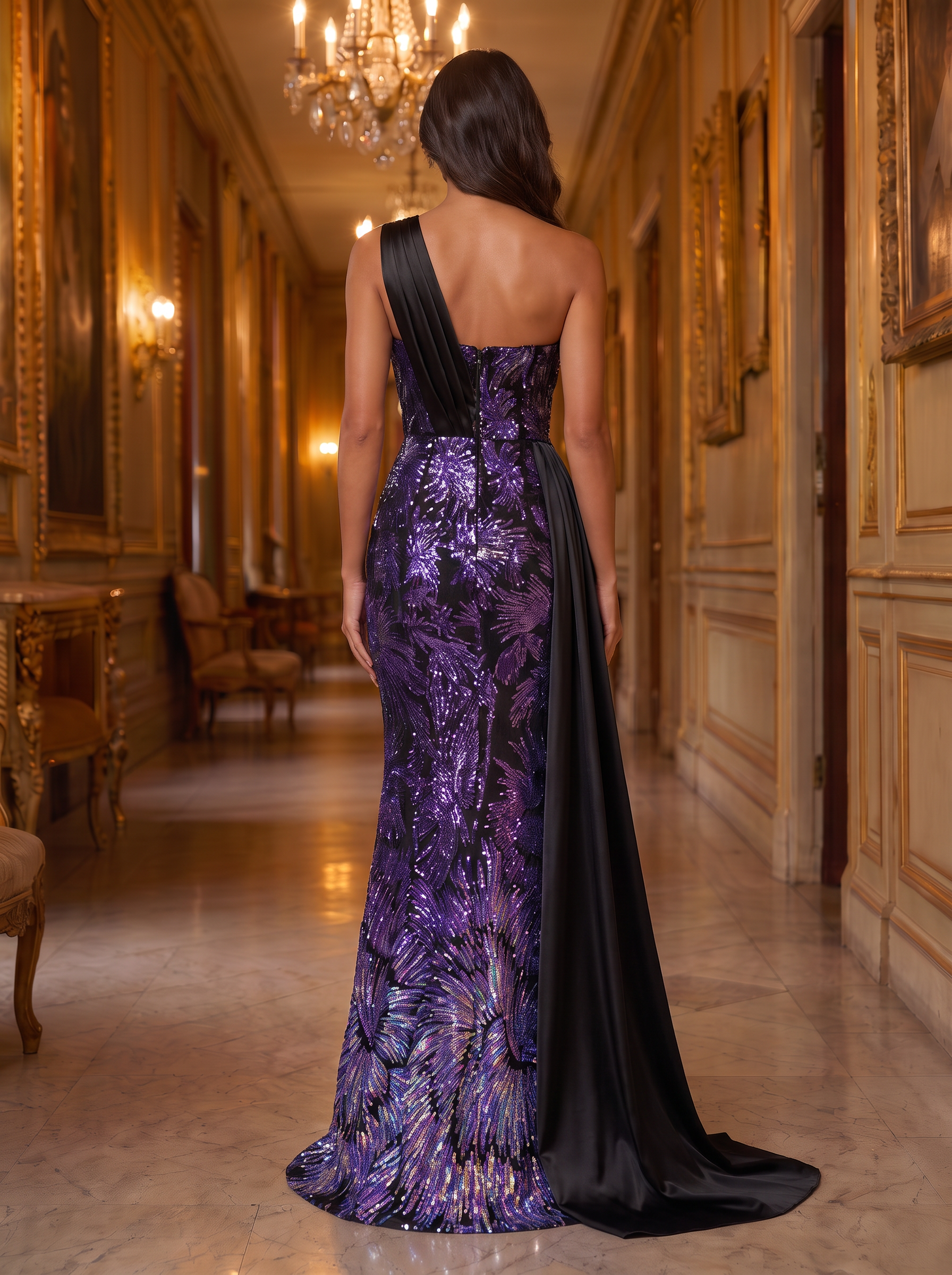 Purple Sequin Satin One-Shoulder Mermaid Floor-length Gown Dress