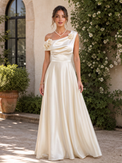 Champagne One-Shoulder Floral Satin Floor-Length Gown Dress