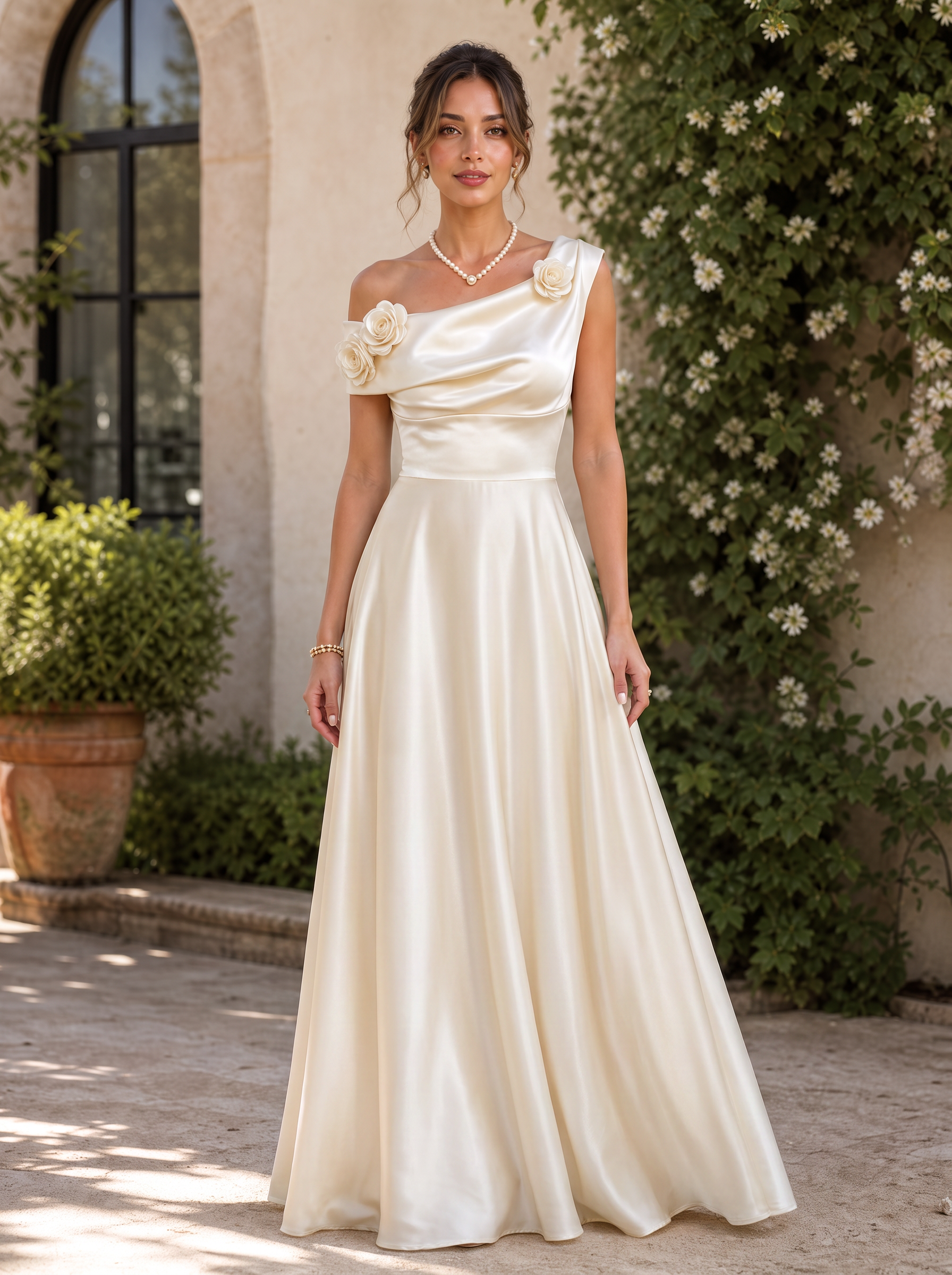Champagne One-Shoulder Floral Satin Floor-Length Gown Dress