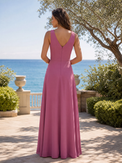 Mauve Pink Chiffon V-Neck Knot-Draped High-Slit A-Line Floor-Length Gown Dress