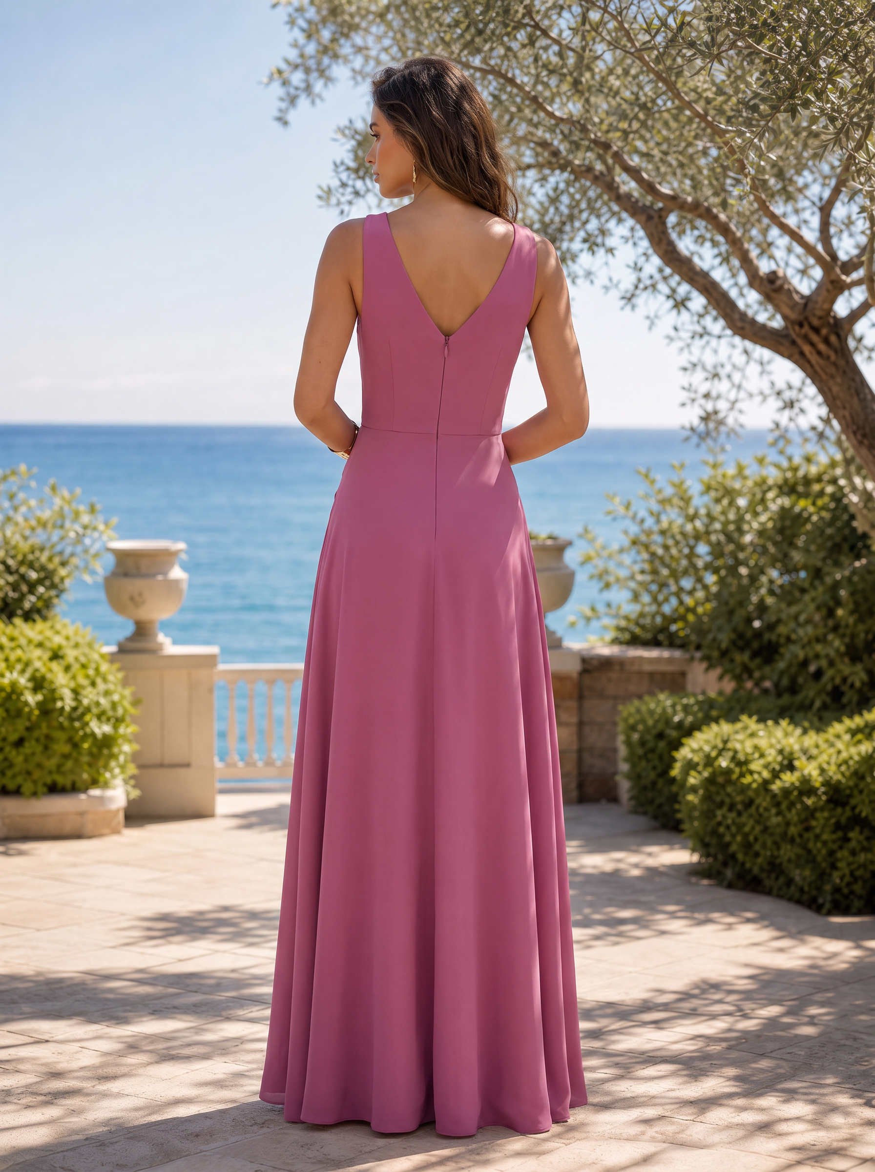 Mauve Pink Chiffon V-Neck Knot-Draped High-Slit A-Line Floor-Length Gown Dress