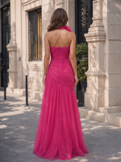 Fuchsia Tulle Strapless Floral Choker Mermaid Floor-Length Gown Dress