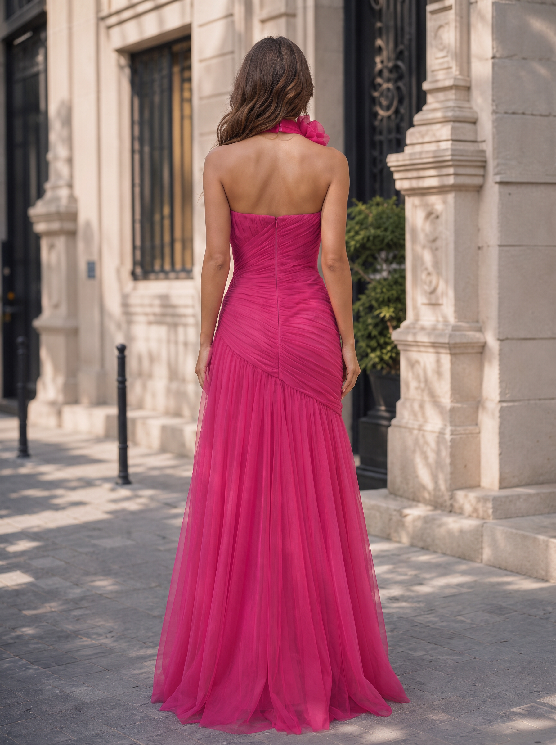 Fuchsia Tulle Strapless Floral Choker Mermaid Floor-Length Gown Dress