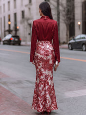 Ruby Red Cowl Neck Long Sleeve Sequined Tie-Dye Sheath Floor-Length Gown Dress