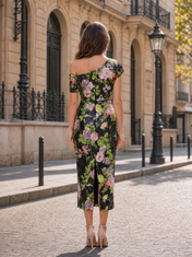 Black and Multi-Color Floral Sequin Mesh One-Shoulder Sheath Midi Gown Dress