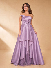 Lavender Satin Strapless Tiered Overlay A-Line Floor-Length Gown Dress