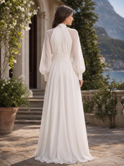 White Pleated Halter Long Sleeve Draped A-Line Floor-Length Gown Dress