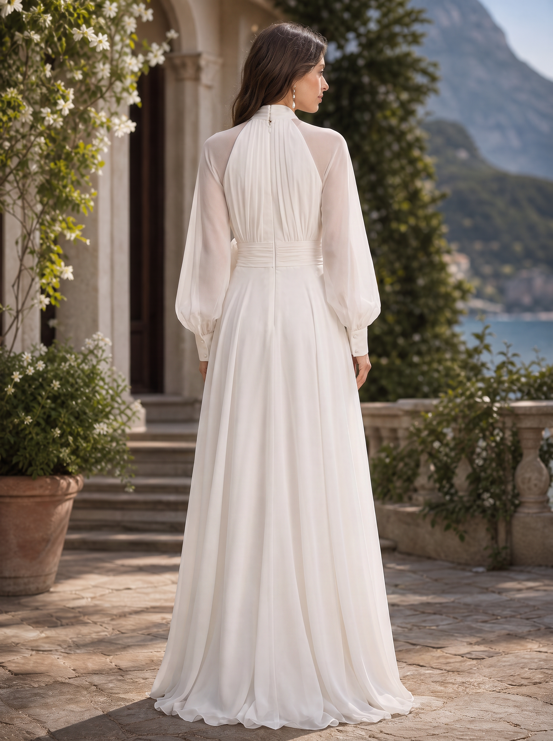White Pleated Halter Long Sleeve Draped A-Line Floor-Length Gown Dress