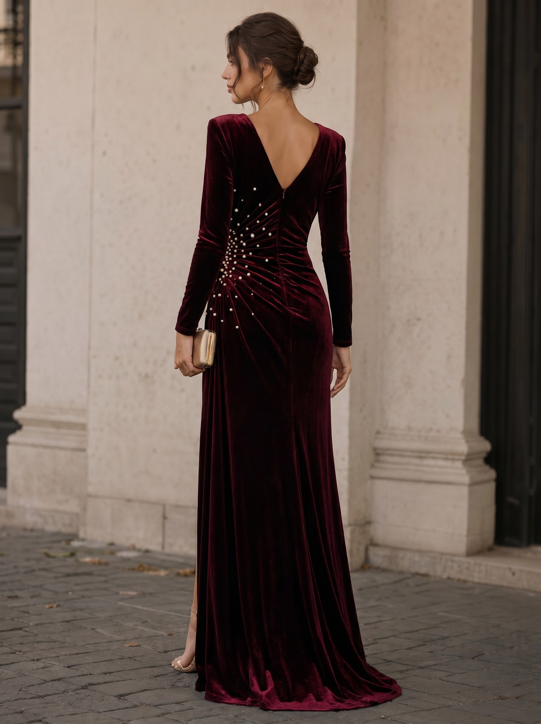 V-Neck Pearl Ruched Burgundy Velvet Floor-Length Evening Dresses with Long Sleeves