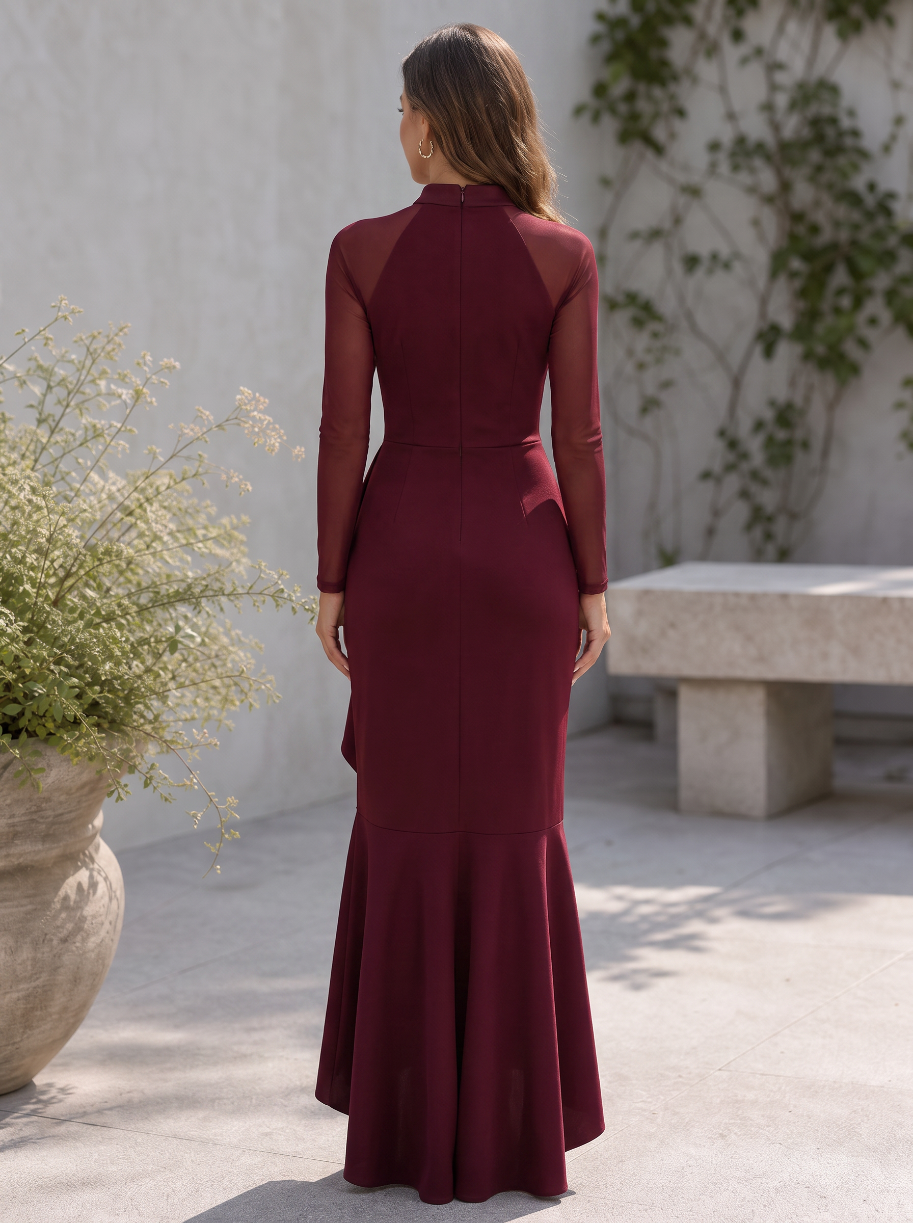 Burgundy Mock Neck Long Sleeve Ruffle Mermaid Floor-Length Gown Dress