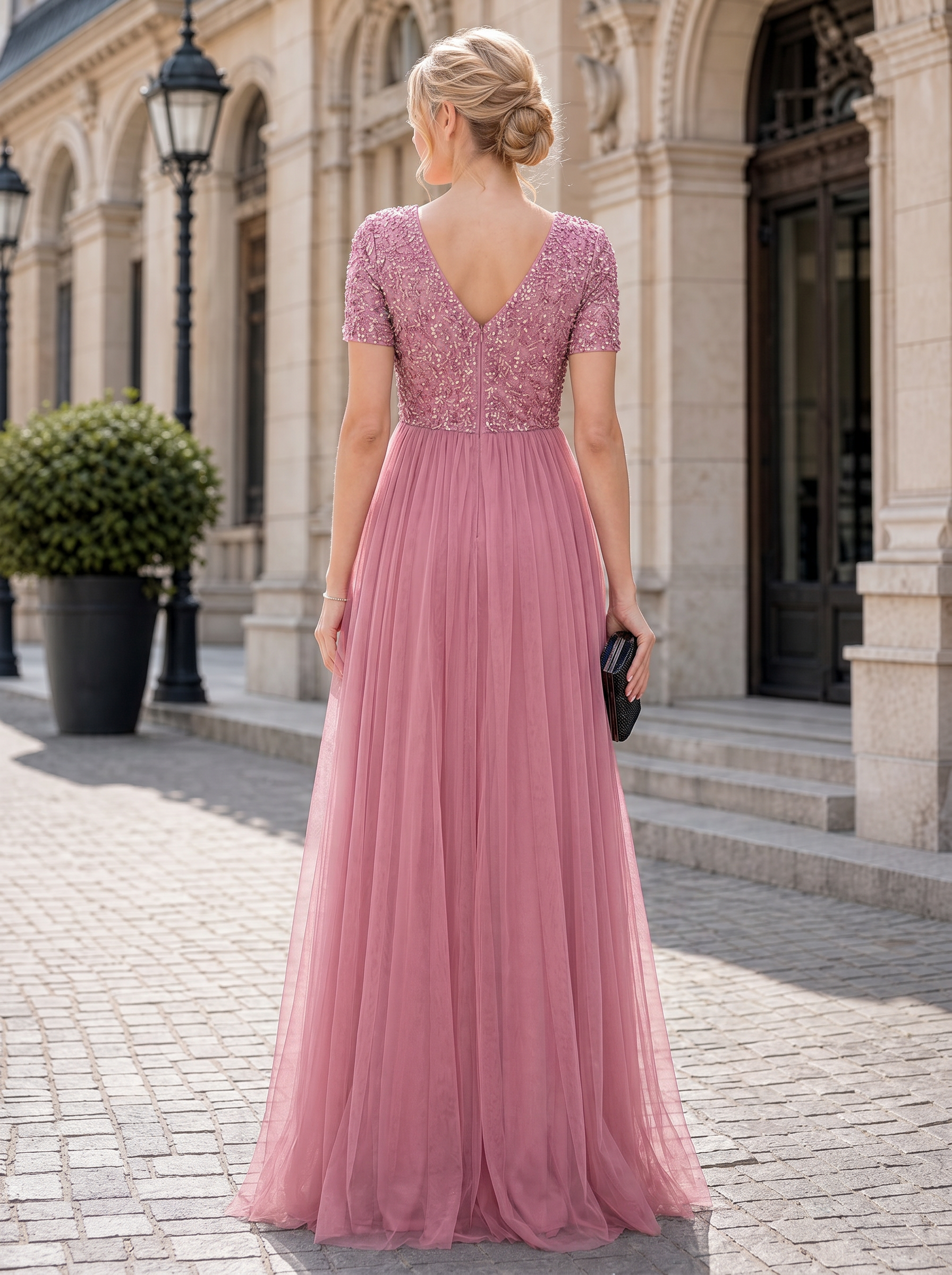 V-Neck Dusty Pink Beaded Sequin Evening Dresses with Short Sleeves and Pleated A-Line Skirt
