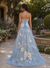 Baby Blue Strapless 3D Floral Applique Floor-Length Gown Dress