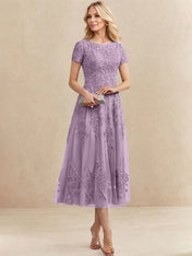 A-line Scoop Tea-Length Tulle Lace Mother of the Bride Dress