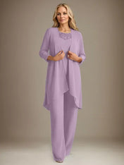 Chiffon Scoop Long Sleeves Mother Of The Bride Pantsuits With Jacket