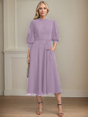 A-line High Neck Tea-Length Lace Chiffon Mother of the Bride Dress With Bow