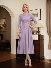 A-line Scoop Illusion Tea-Length Chiffon Lace Mother of the Bride Dress With Beading Sequins