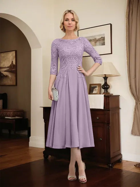 A-line Scoop Illusion Tea-Length Chiffon Lace Mother of the Bride Dress With Beading Sequins