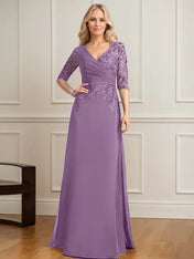 A-line V-Neck Floor-Length Lace Chiffon Mother of the Bride Dress With Pleated Sequins