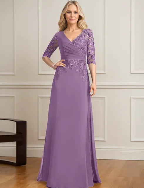 Robe de mère de la mariée trapèze, col en V, longueur au sol, en mousseline de soie et dentelle, avec sequins plissés 