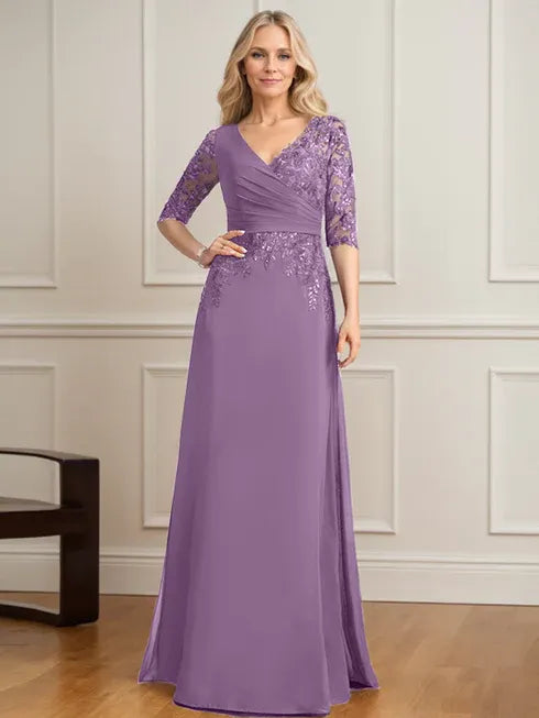 Robe de mère de la mariée trapèze, col en V, longueur au sol, en mousseline de soie et dentelle, avec sequins plissés 