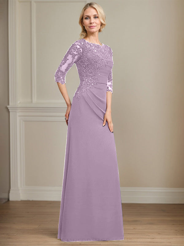 A-line Scoop Floor-Length Chiffon Lace Mother of the Bride Dress With Beading Pleated Sequins