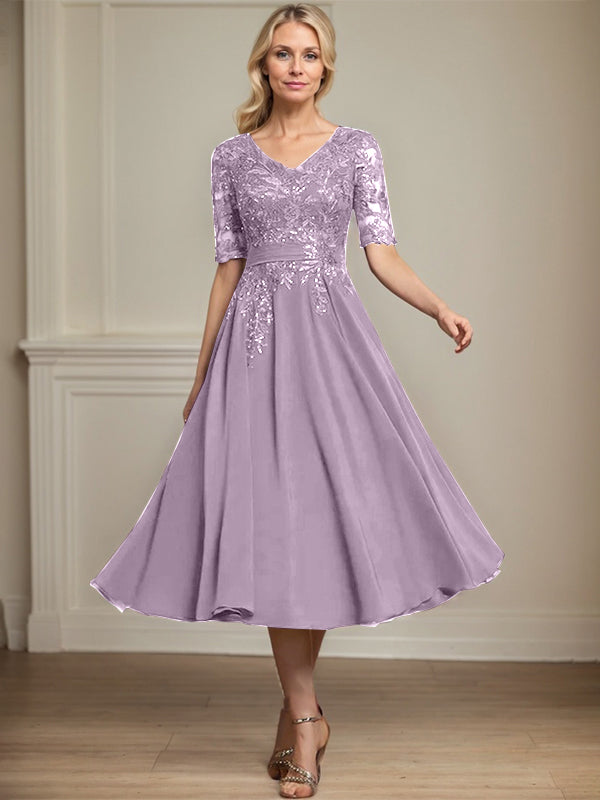A-line V-Neck Tea-Length Lace Chiffon Mother of the Bride Dress With Sequins