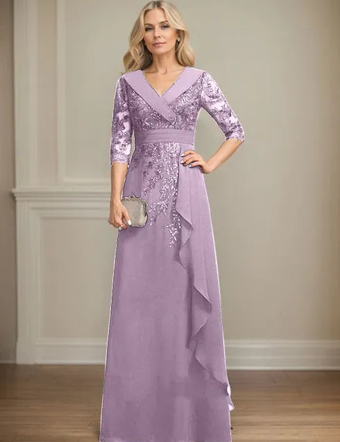 Robe de mère de la mariée trapèze, col en V, longueur au sol, en mousseline de soie et dentelle, avec volants en cascade et paillettes 