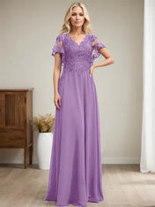 A-line V-Neck Floor-Length Lace Chiffon Mother of the Bride Dress With Sequins