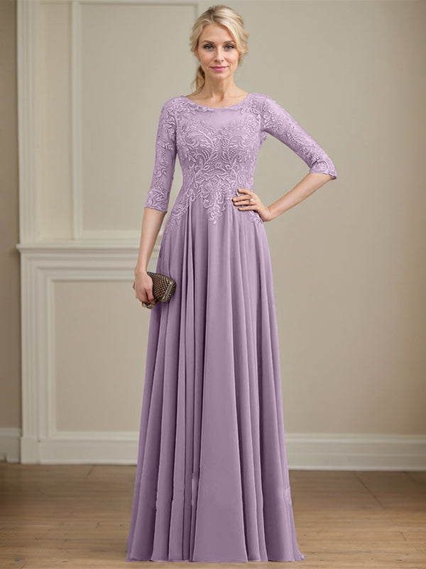 A-line Scoop Illusion Floor-Length Lace Chiffon Mother of the Bride Dress With Sequins