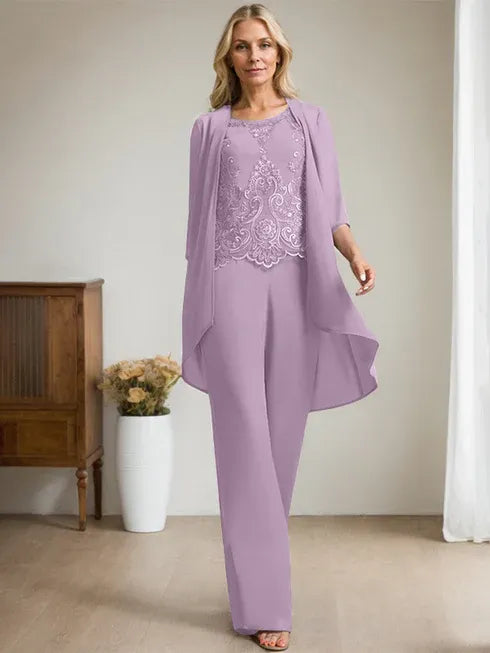Pantsuit Scoop Floor-Length Chiffon Lace Mother of the Bride Dress With Beading Sequins