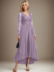 A-line V-Neck Asymmetrical Lace Chiffon Mother of the Bride Dress