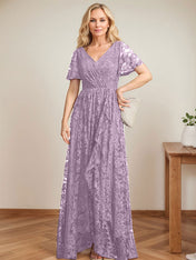 A-Line V-Neck Asymmetrical Lace Mother of the Bride Dress With Cascading Ruffles