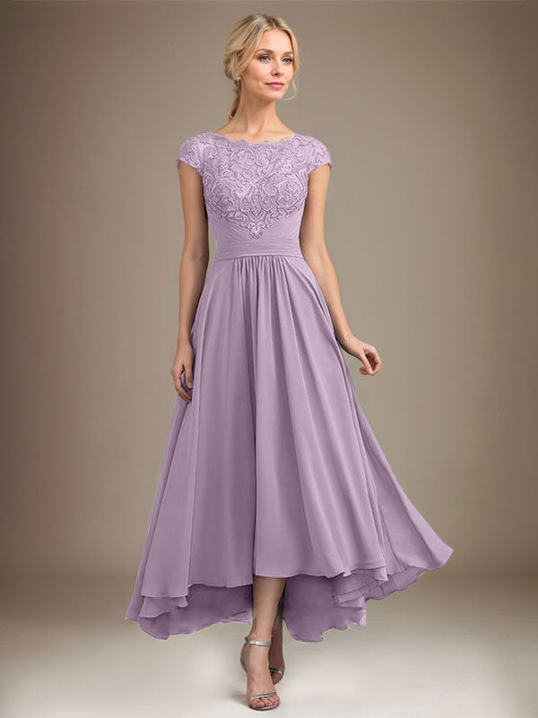 A-line Scoop Illusion Asymmetrical Lace Chiffon Mother of the Bride Dress With Pleated