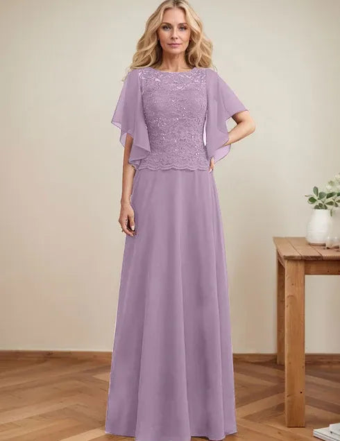 A-line Scoop Illusion Floor-Length Lace Chiffon Mother of the Bride Dress With Sequins