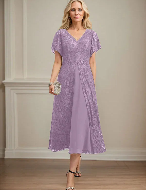 A-line V-Neck Tea-Length Lace Chiffon Mother of the Bride Dress