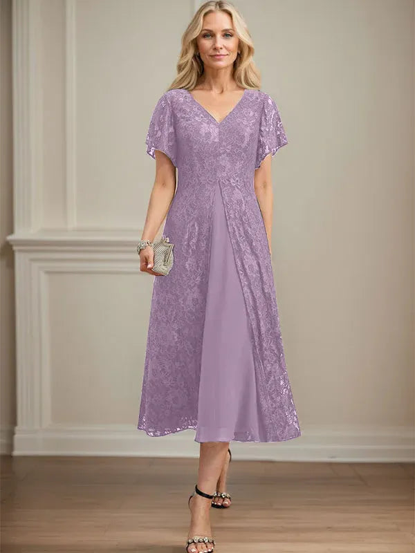 Robe de mère de la mariée en mousseline de soie, coupe trapèze, col en V et longueur thé 