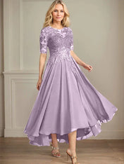 A-line Scoop Illusion Asymmetrical Chiffon Lace Mother of the Bride Dress With Sequins