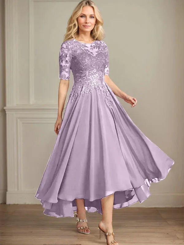 Robe de mère de la mariée asymétrique en mousseline de soie et dentelle, coupe trapèze, décolleté en V, illusion, avec paillettes 