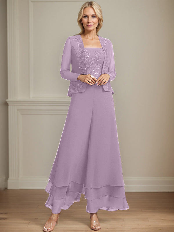 Robe de mère de la mariée en mousseline de soie, longueur cheville, avec sequins, combinaison/tailleur carré 