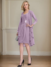 Sheath/Column Sweetheart Knee-Length Chiffon Mother of the Bride Dress With Beading Appliques Lace Sequins Pleated