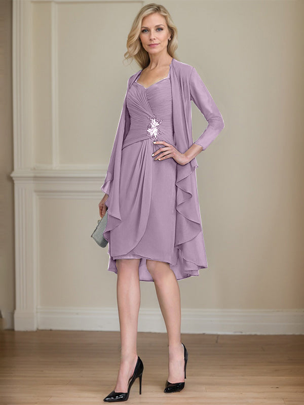 Column Sweetheart Knee-Length Chiffon Mother of the Bride Dress With Beading Appliques Lace Sequins Pleated