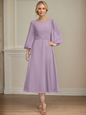 A-line Scoop Tea-Length Chiffon Mother of the Bride Dress With Crystal Brooch Pleated