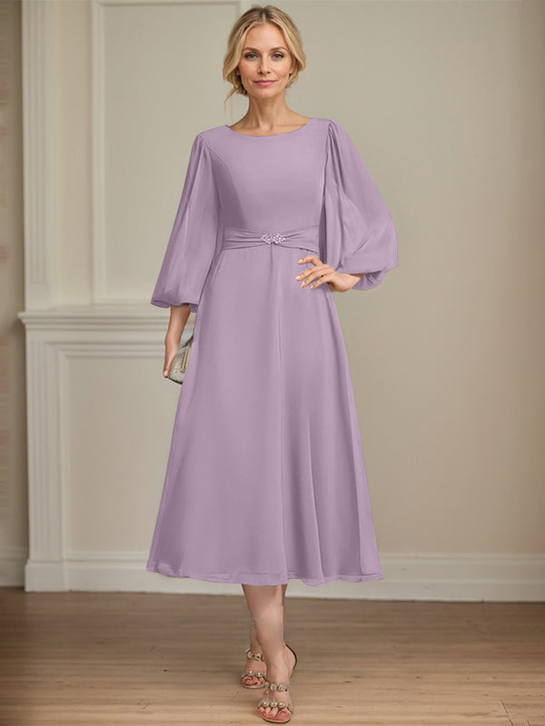 A-line Scoop Tea-Length Chiffon Mother of the Bride Dress With Crystal Brooch Pleated